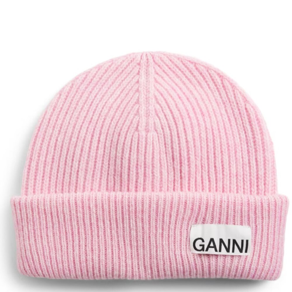 Ganni Ribbed Knit Beanie Logo Pink Women Multicolor Hats